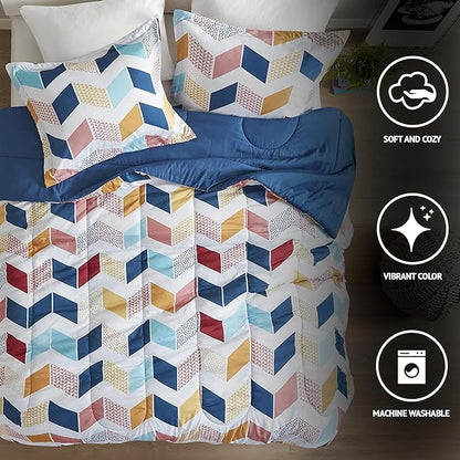 Comfort Spaces Kylar Cozy Comforter Set, Vibrant Chevron Ruching Design with Solid Reverse, All Season Down Alternative Bedding with Matching Sham, Twin/Twin XL (66 in x 90 in), Multi/Aqua 2 Piece - LeafyLoom