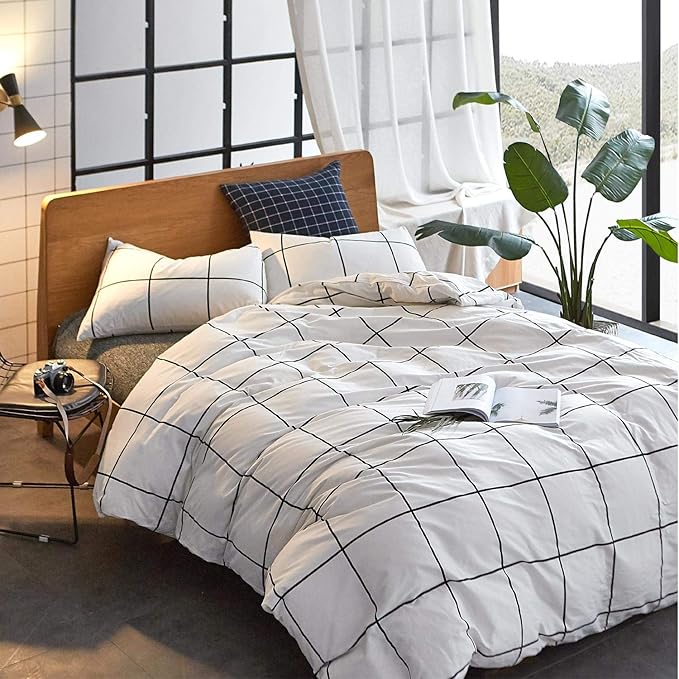 White Grid Comforter White Plaid Bedding Set Twin White with Black Line Stripes Boys Checkered Comforters Bedding Set Girls White Grid Comforter Set Twin - LeafyLoom