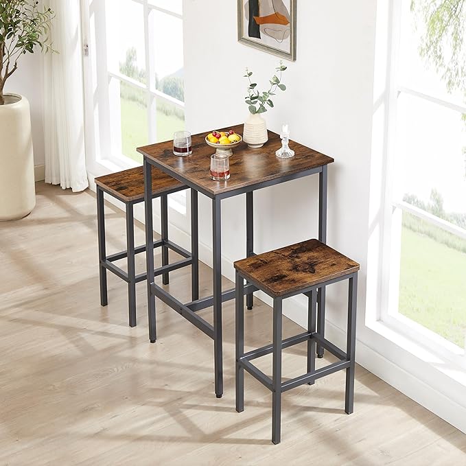 NicBex Small Dining Table for 2 Kitchen Tables and Chairs Bar Table Set, Square Bar Table with 2 Bar Chairs for Kitchen Breakfast Table, Bar, Banquet Hall, Space Saving, Rustic Brown - LeafyLoom