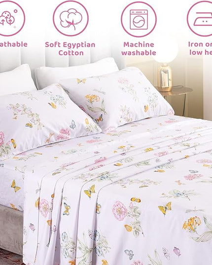 QSH Floral Queen Size Sheet Sets - Flower Butterfly Print Pattern Egyptian Cotton Printed Bedding Sheets Queen Size Bed Extra Soft and Breathable 4pcs Deep Pockets Bed Sheets - LeafyLoom