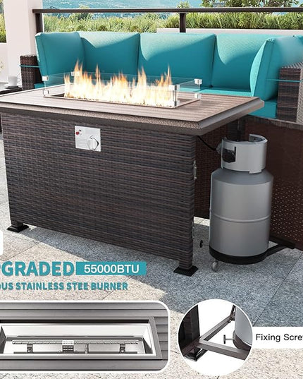 Kullavik 15PCS Outdoor Patio Furniture Set with 43" 55000BTU Gas Propane Fire Pit Table PE Wicker Rattan Sectional Sofa Patio Conversation Sets w/8 Coner Sofas,Blue - LeafyLoom