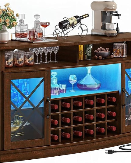 DWVO Wine Bar Cabinet with LED Light, 58'' Large Wine Cabinet w/Storage, Tempered Glass Doors, Adjustable Shelf, 32'' Tall Coffee Bar for Living Room, Dining Room, Rustic Brown - LeafyLoom