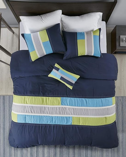 Mi Zone Cozy Comforter Set Geometric Stripes Vibrant Color Design All Season Bedding Matching Shams, Decorative Pillow, Twin/Twin XL, Pipeline Navy, 3 Piece - LeafyLoom