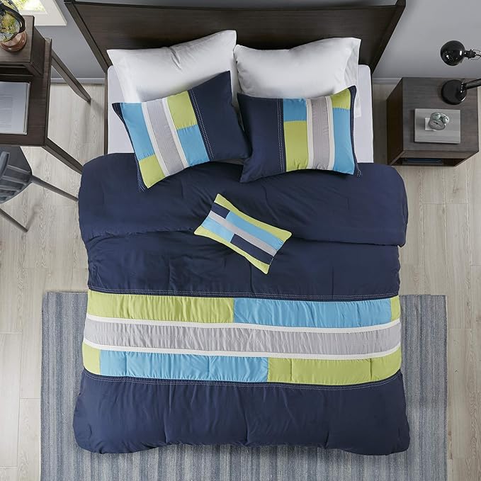 Mi Zone Cozy Comforter Set Geometric Stripes Vibrant Color Design All Season Bedding Matching Shams, Decorative Pillow, Twin/Twin XL, Pipeline Navy, 3 Piece - LeafyLoom