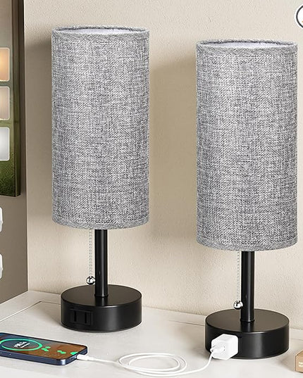Grey Bedside Table Lamps Set of 2-3 Color Temperatures Pull Chain Lamp with AC Outlet Charging Port, Two Round Night Stand Lamps for Bedroom Office, Small Bed Side Light with E26 LED Bulbs - LeafyLoom