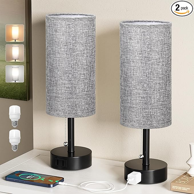 Grey Bedside Table Lamps Set of 2-3 Color Temperatures Pull Chain Lamp with AC Outlet Charging Port, Two Round Night Stand Lamps for Bedroom Office, Small Bed Side Light with E26 LED Bulbs - LeafyLoom