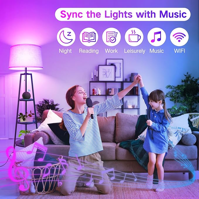 OUTON Tripod Floor Lamp with Shelves, Smart RGB Shelf Floor Lamp with WiFi APP Remote Control, Works with Alexa Google Home Voice Control, Modern LED Tall Standing Lamp for Living Room Bedroom Office - LeafyLoom