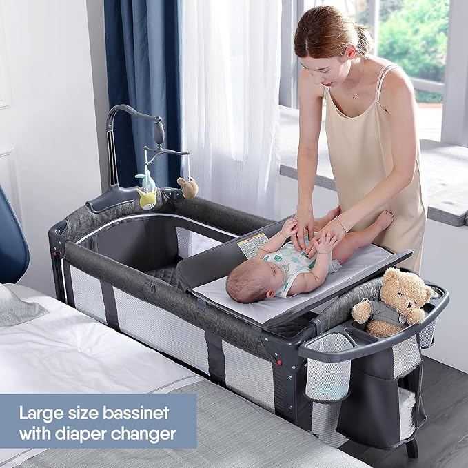 BabyBond Baby Bassinet Bedside Crib, Pack and Play with Sheet, Diaper Changing Table and Music Mobile from Newborn to Toddles, Portable Large Playard - LeafyLoom