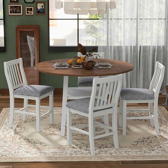 NicBex Dining Room Table Set for 4 Breakfast Nook Table Set 5-Piece Counter Height Dining Table Set in 2 Table Sizes with 4 Folding Leaves and 4 Upholstered Chairs for Dining Room, Espresso+White - LeafyLoom