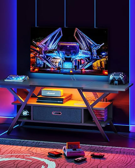 Bestier LED Entertainment Center with Power Outlets Gaming TV Stand for TV up to 65 Inch 55” TV Game Console for Living Room Bedroom Removable Drawer 20 Dynamic RGB Modes, Carbon Fiber Black - LeafyLoom