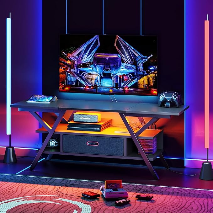 Bestier LED Entertainment Center with Power Outlets Gaming TV Stand for TV up to 65 Inch 55” TV Game Console for Living Room Bedroom Removable Drawer 20 Dynamic RGB Modes, Carbon Fiber Black - LeafyLoom