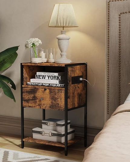 LDTTCUK Nightstand with Charging Station, Modern End Table with Drawer, Bedside Table with Open Storage for Bedroom,Rustic Brown - LeafyLoom