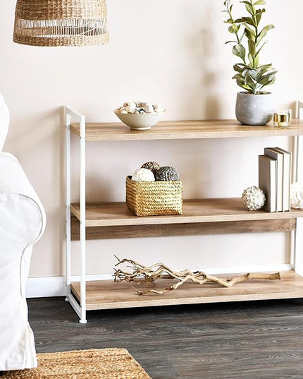 Household Essentials 3 Tier Wide Bookshelf, Coastal Oak Finish - LeafyLoom
