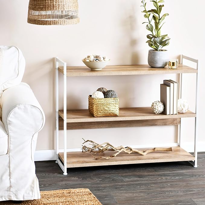 Household Essentials 3 Tier Wide Bookshelf, Coastal Oak Finish - LeafyLoom