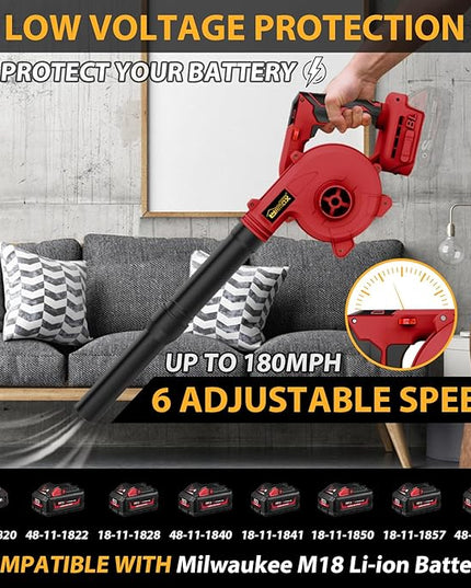 Cordless Leaf Blower for Milwaukee M18 Battery, 2-in-1 Handle Electric Blower + Vacuum Cleaner, 6 Variable Speed Up to 180MPH, Electric Jobsite Air Blower with Brushless Motor (Battery Not Included) - LeafyLoom