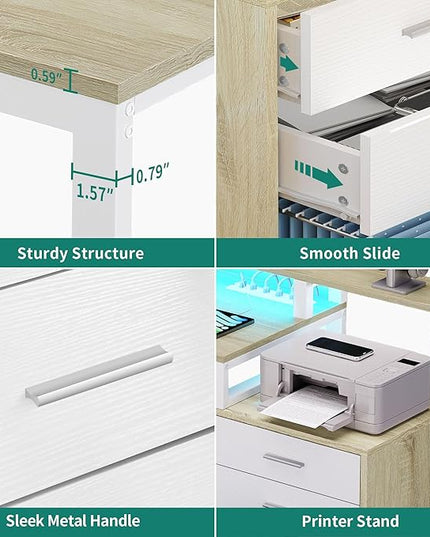 YITAHOME L Shaped Desk with 3 Drawers, 65" Corner Computer Desk with Power Outlets & LED Lights, L-Shaped Desk with File Cabinet & Printer Stand for Home Office, White & Oak - LeafyLoom