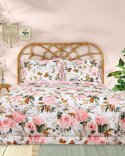 DILIMI King Size Comforter Set, 3 Pieces King Comforter Set, Reversible Pink Floral Comforter King Size, Ultra Soft and Fluffy Bedding Comforter Sets with Comforter, 2 Pillowcase - LeafyLoom