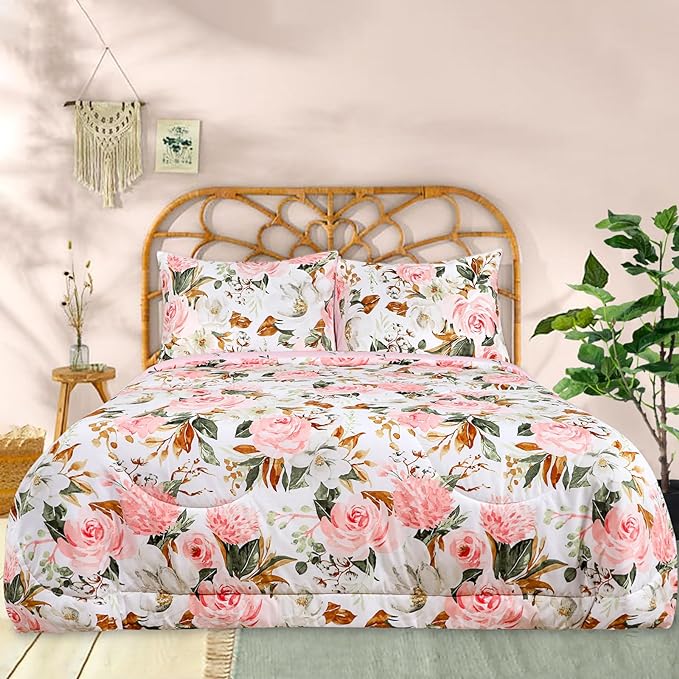 DILIMI King Size Comforter Set, 3 Pieces King Comforter Set, Reversible Pink Floral Comforter King Size, Ultra Soft and Fluffy Bedding Comforter Sets with Comforter, 2 Pillowcase - LeafyLoom
