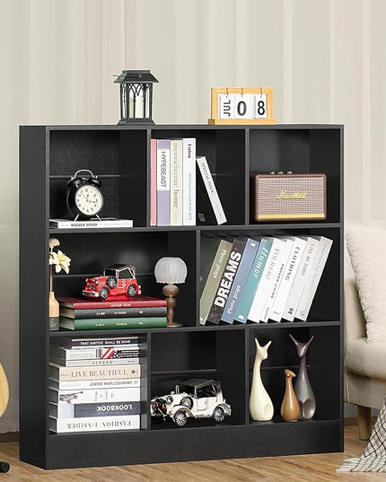 YAHARBO Black Wide Bookshelf,3 Tier Modern Horizontal Bookcase,Wood Low Bookshelves Display Storage Cabinet with Base,Floor Standing 8 Cube Large Bookcases Organizer for Bedroom,Living Room,Office - LeafyLoom