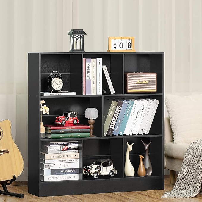 YAHARBO Black Wide Bookshelf,3 Tier Modern Horizontal Bookcase,Wood Low Bookshelves Display Storage Cabinet with Base,Floor Standing 8 Cube Large Bookcases Organizer for Bedroom,Living Room,Office - LeafyLoom