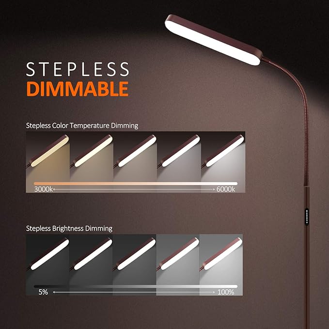Floor Lamp, 15w/1000lm Bright LED Floor Lamp with Stepless Adjustable 3000K-6000K Colors and Dimmer, Remote and Touch Control Reading Lamp, Adjustable Gooseneck Floor Lamp for Living Room - LeafyLoom