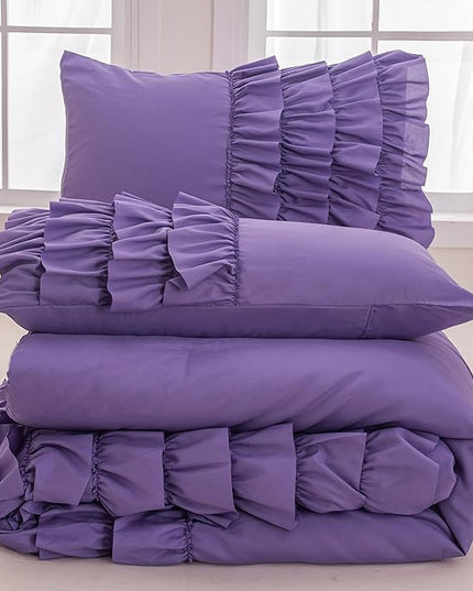 Lavender Princess Ruffle Comforter, Purple Twin Comforter Set for Girls (1 Ruffled Comforter and 2 Pillowcases), 3 Pieces Vintage Rustic Purple Bedding Set for Girls Kids - LeafyLoom