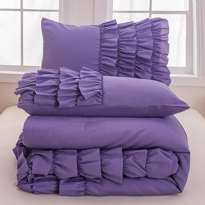 Purple Comforter Set Full Size, Light Purple Boho Ruffle Bedding Set, 3Pcs Kids Girls Full Size Bedding Sets for All Season - LeafyLoom