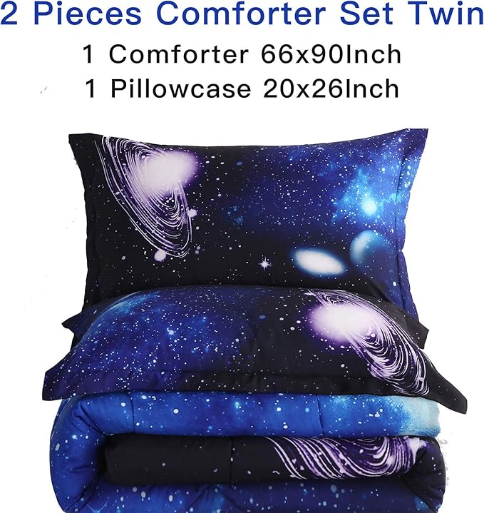 Litanika 3D Galaxy Comforter Twin(66x90lnch), 2 Pieces(1 Galaxy Comforter, 1 Pillowcase), Universe Outer Space Comforter, Microfiber Bedding Set for Boy Girl Kid Teen - LeafyLoom