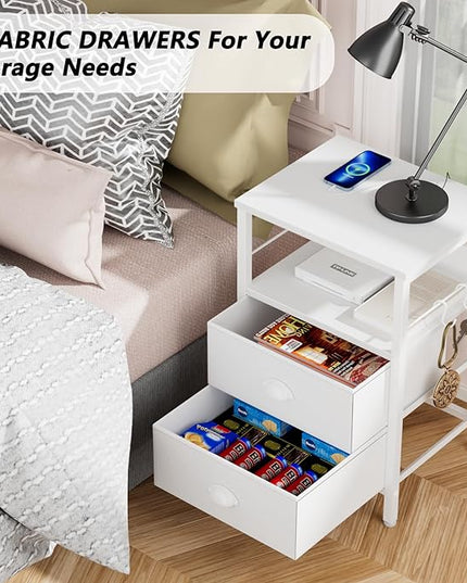 Furologee Nightstands Set of 2, End Tables with Charging Station and USB Ports, Side Tables with 2 Fabric Drawers, Night Stands with Storage Shelf & 2 Hooks, for Living Room/Bedroom, White - LeafyLoom