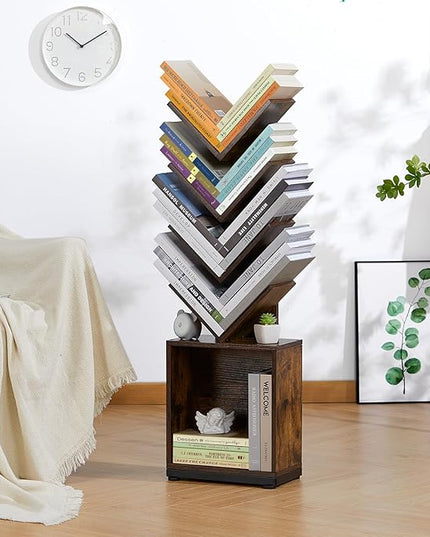 ruboka 5-Shelf Tree Bookshelf with Storage, 37.9-Inch Retro Floor Standing Bookcase Display for CDs/Magazine/Books, Small Bookshelf for Bedroom, Living Room, Office, Brown Storage Shelves - LeafyLoom