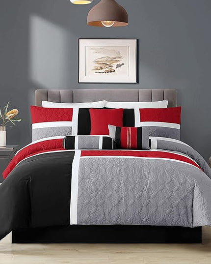 Chezmoi Collection 7-Piece Quilted Patchwork Comforter Set, Red/Gray/Black, Queen - LeafyLoom
