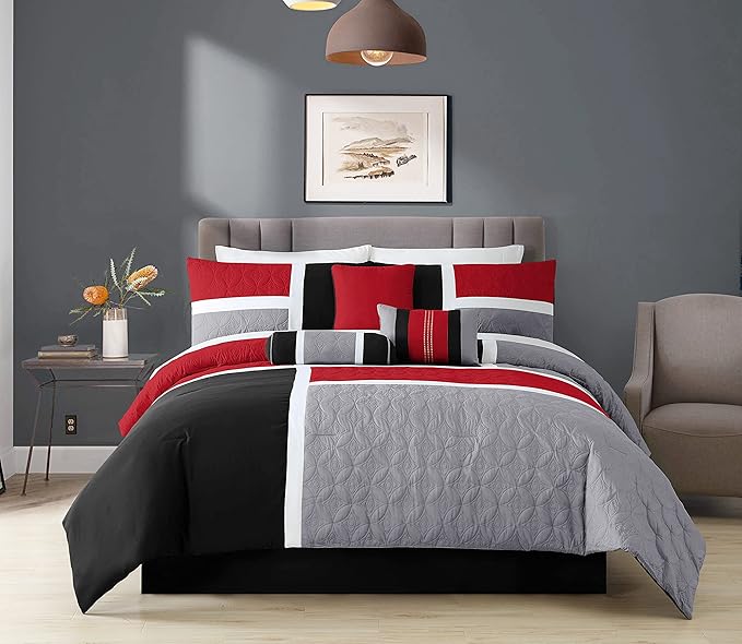 Chezmoi Collection 7-Piece Quilted Patchwork Comforter Set, Red/Gray/Black, Queen - LeafyLoom
