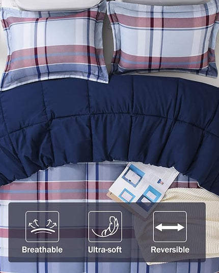 downluxe King Size Comforter Set (104"x92") 3-Piece,Plaid Navy Reversible Comforter,2 Reversible Pillow Shams 20"x36",Microfiber King Comforter,Soft and Comfortable - LeafyLoom