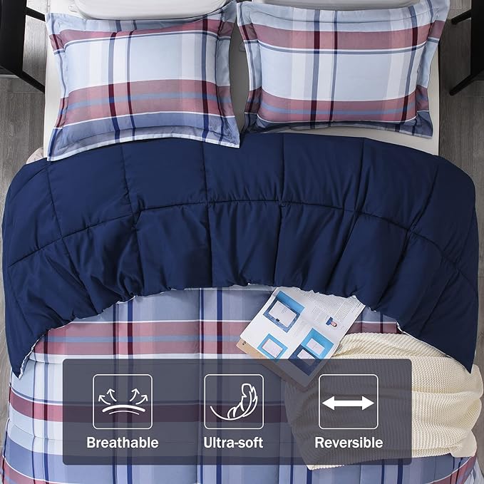 downluxe King Size Comforter Set (104"x92") 3-Piece,Plaid Navy Reversible Comforter,2 Reversible Pillow Shams 20"x36",Microfiber King Comforter,Soft and Comfortable - LeafyLoom