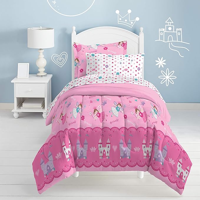 Dream Factory Magical Princess Ultra Soft Microfiber Girls Comforter Set, Pink, Twin - LeafyLoom