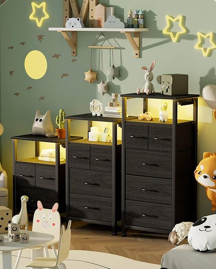 Furnulem Tall Night Stand with Charging Station and Led Light, Small Dresser with Open Shelf and 4 Storage Drawers, Black Side Table Fabric Nightstand for Bedroom, Entryway, Bedside Furniture - LeafyLoom