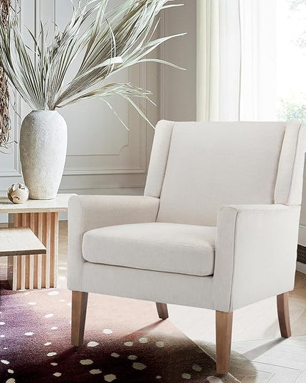 COLAMY Modern Wingback Living Room Chair, Upholstered Fabric Accent Armchair, Single Sofa chair with Lounge Seat and Wood Legs for Bedroom/Office/Reading Spaces, Beige - LeafyLoom
