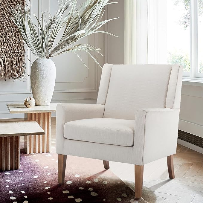 COLAMY Modern Wingback Living Room Chair, Upholstered Fabric Accent Armchair, Single Sofa chair with Lounge Seat and Wood Legs for Bedroom/Office/Reading Spaces, Beige - LeafyLoom