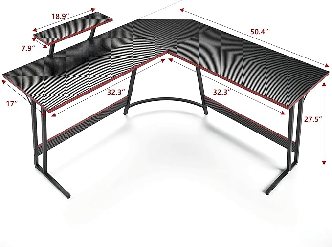 L Shaped Gaming Desk, 51 Inch Computer Corner Table with Large Monitor Stand & Carbon Fiber Surface for Home Office Study Writing Workstation, Black - LeafyLoom