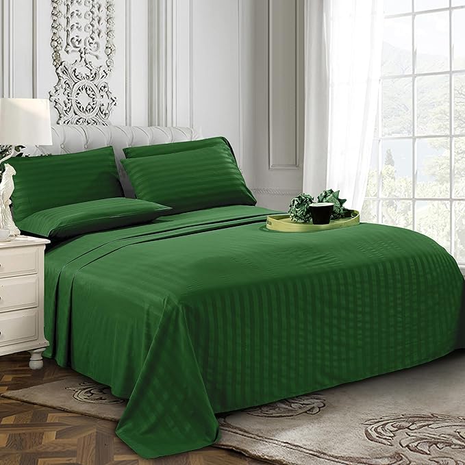 Elegant Comfort Softest and Coziest 6-Piece Sheet Set - 1500 Premium Hotel Quality Microfiber - Deep Pocket, Wrinkle Resistant 6-Piece Damask Stripe Bed Sheet Set, Full, Hunter Green - LeafyLoom