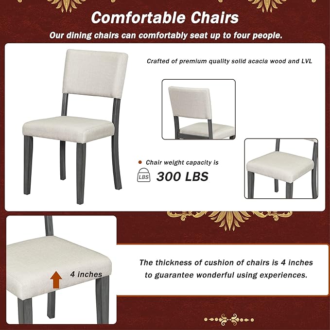 Modern Round Curved Trestle Style Legs, Including 4 Upholstered Backrest Cusioned Chairs, for Kitchen, Living Room, Dark Gray + White, 5 Piece Dining Table Set - LeafyLoom