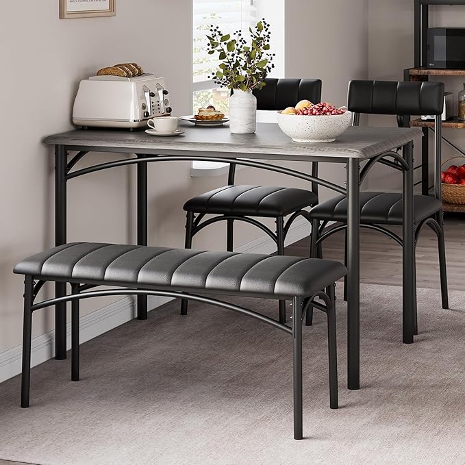 GAOMON Dining Table Set for 4, Kitchen Table with Upholstered Chairs and Bench, 4-Person Dining Room Table Set, Rectangular Kitchen Table Set for Small Space, Apartment, Home, Studio, Rustic Grey - LeafyLoom