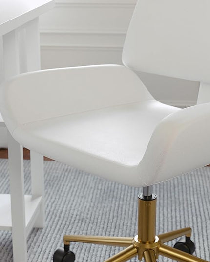 Martha Stewart Tyla Armless Swivel Task Chair for Home Office in White Faux Leather with Polished Brass Frame - LeafyLoom