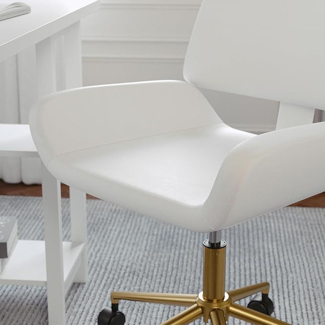 Martha Stewart Tyla Armless Swivel Task Chair for Home Office in White Faux Leather with Polished Brass Frame - LeafyLoom