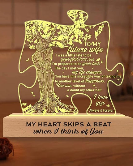 Gifts for Wife from Husband | Wedding Lights for Couples, Engraved, Newlyweds | to My Future Wife 3D Lamp Wooden Base USB Powered Acrylic Night Light | Gift for Her on Birthday Valentines - LeafyLoom