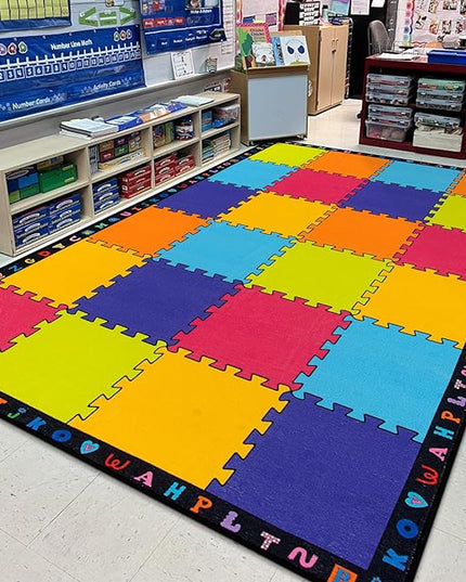 LIVEBOX Elementary Classroom Kids Rug, Washable School Learning Area Rugs, Colorful Preschool Children's Classroom Carpet Non-Slip Alphabet Mat for Home Learning,13'x7'5"(Seats-24) - LeafyLoom