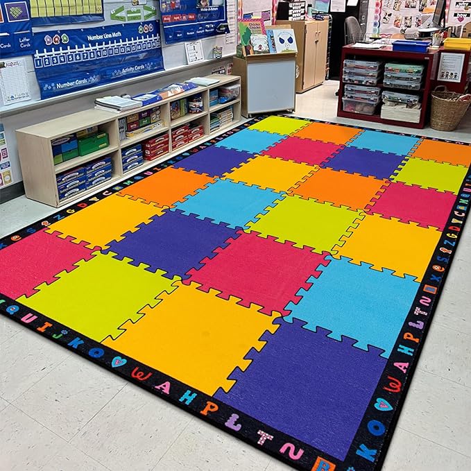 LIVEBOX Elementary Classroom Kids Rug, Washable School Learning Area Rugs, Colorful Preschool Children's Classroom Carpet Non-Slip Alphabet Mat for Home Learning,13'x7'5"(Seats-24) - LeafyLoom