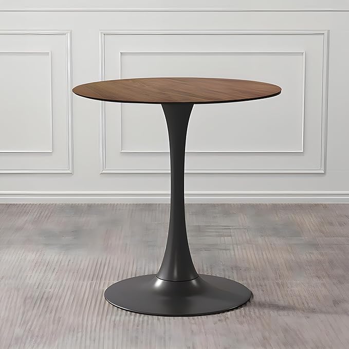 NicBex 31.5Inch Round Dining Table,Minimalist Kitchen Table with MDF Walnut Tabletop and Pedestal Base for 2 to 4,Leisure Coffee Table for Kitchen,Small Space and Living Room,Space-Saving,Walnut+Black - LeafyLoom