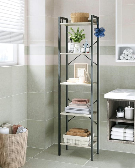 Bookshelf, Book Shelf, Industrial Bookcase with 2 Hooks, Coner Shelf Storage Organizer for Home Office, Living Room, Bedroom, Kitchen, 5-Tier Greige BC10505B - LeafyLoom