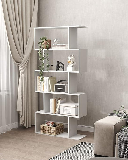Yusong Bookshelf 5-Tier, Geometric Bookcase S Shaped Book Shelves for Bedroom, Modern Wood Decorative Display Shelf Book Case for Home Office, White - LeafyLoom